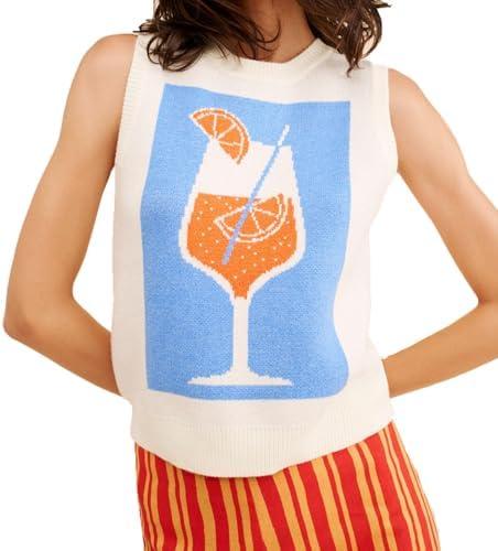 Women Lobster Sweater Vest Y2k Cute Graphic Sleeveless Knit Pullover Tank Top (Ivory, M) 