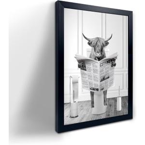Black Framed Highland Cow Wall Art in Bathtub, Funny Black and White Canvas Picture, Humor Animals Artwork Prints for Bathroom, Bedroom, Kids Decor (8"L x 10"W)