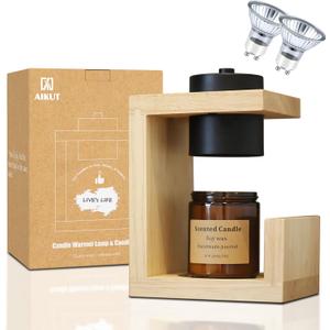 Candle Warmer Lamp, with 2 Bulbs,Timer & Dimmer,Simple Natural Wood,Compatible Up to 4.5 inch Candles,for Home Scented and Dcor110-120V (Wood)