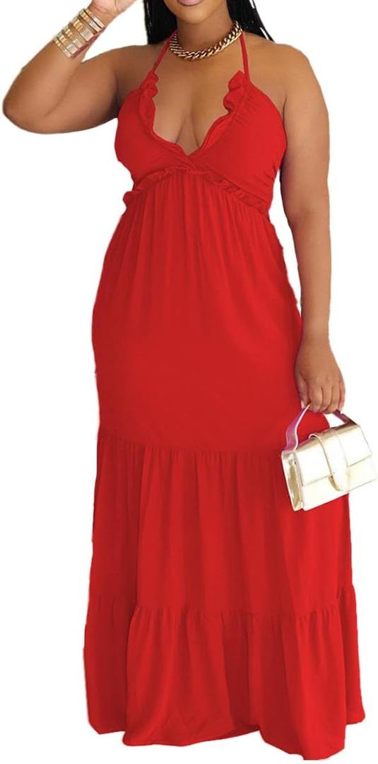 TOPSRANI Womens Sleeveless Maxi Dress Halter Casual Backless Smocked Tiered Ruffle Flowy Sexy Slip Sling Strap Dresses, XL