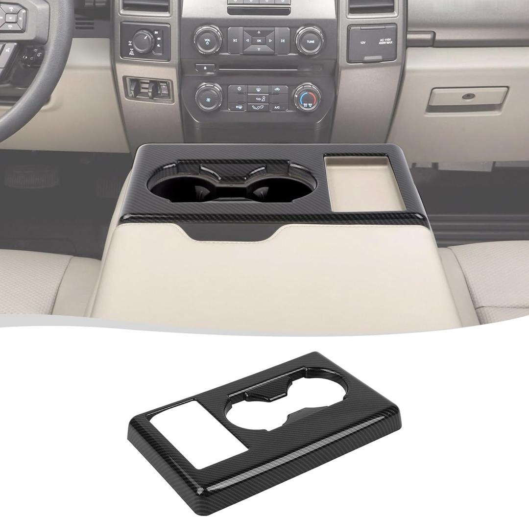 Voodonala for Ford F250 F350 F450 F550 XL XLT Center Console Water Cup Holder Panel Cover Compatible with Ford F250/F350/F450/F550 2017-2022(Carbon Fiber Black,ABS,1Pc)