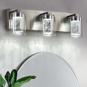 Brushed Nickel Bathroom Vanity Light  3 Light Crystal Bubble Glass Sconce With Dimmable 3Color Lights, Modern Wall Light For Bathroom, Hallway, Kitchen, Bedroom, Living Room