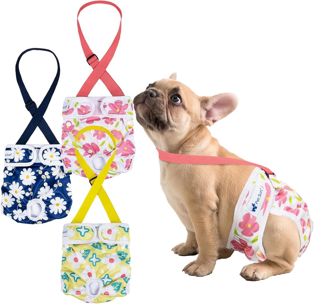 Pet Soft Dog Diapers Female with Suspenders, 3 Pack Reusable Female Dog Diapers for Heat, Dog Period Panties for Doggie in Cycle(X-Small, Flowers)