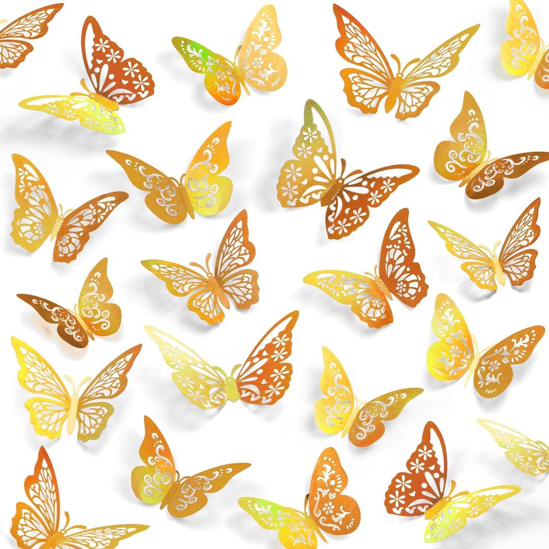 2 x 60 Pcs 3D Butterfly Decorations, 3 Sizes 5 Styles for Cake, Party, Wall Decor, Crafts, Cake Decorating, Room Stickers (Laser Gold)