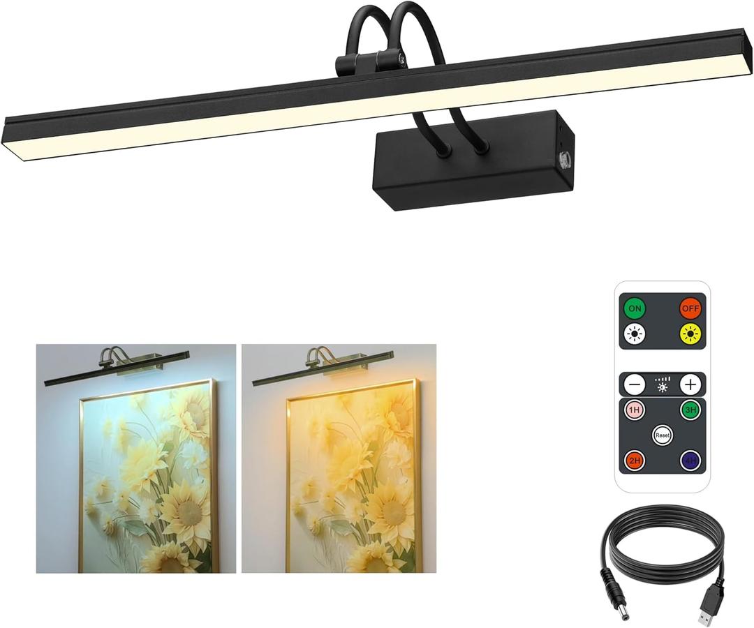 FUNCHDAY Dimmable Picture Light with Remote, 2 Colors Wireless Art Lights for Wall, 5000mAh Rechargeable Battery Gallery Pictures Lights, 16in Metal Display Light for Photo,Frame (Black) (15.9 Inches, Painted Black)