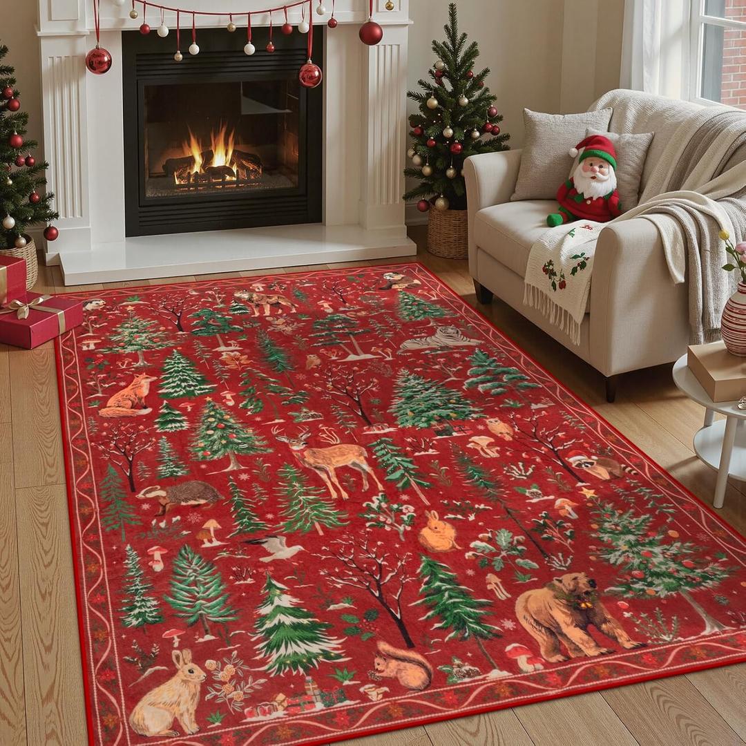 OJIA Christmas Rugs 5x7 Washable Rugs for Living Room, Xmas Red Holiday Rug Soft Animal Bedroom Carpet Ultra-Thin Entryway Rug, Non-Slip Throw Carpet for Kids Nursery Playroom Dining Room