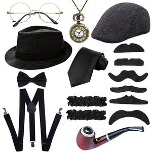 1920s Mens Costume Accessories Outfit Set Gangster Roaring 20s Costumes for Gatsby Party (Black)