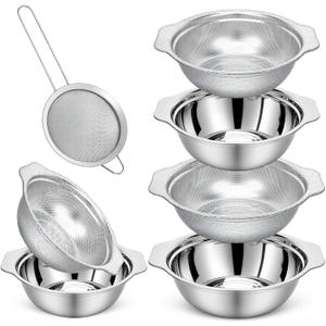 7Pcs Stainless Steel Colander Set, Rice Strainer with Mixing Bowl, 3/4/5QT Large Capacity Microporous Colander with Handle, Mesh Strainer for Washing and Draining Vegetables, Fruit, Dishwasher Safe