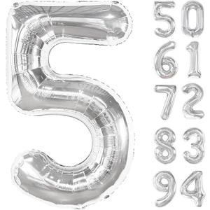Silver 5 Balloon, Number Balloons 40 Inch, 5th Birthday Balloon Decorations, Silver Party Supplies, 5 Number Balloons, Number 5 Balloon