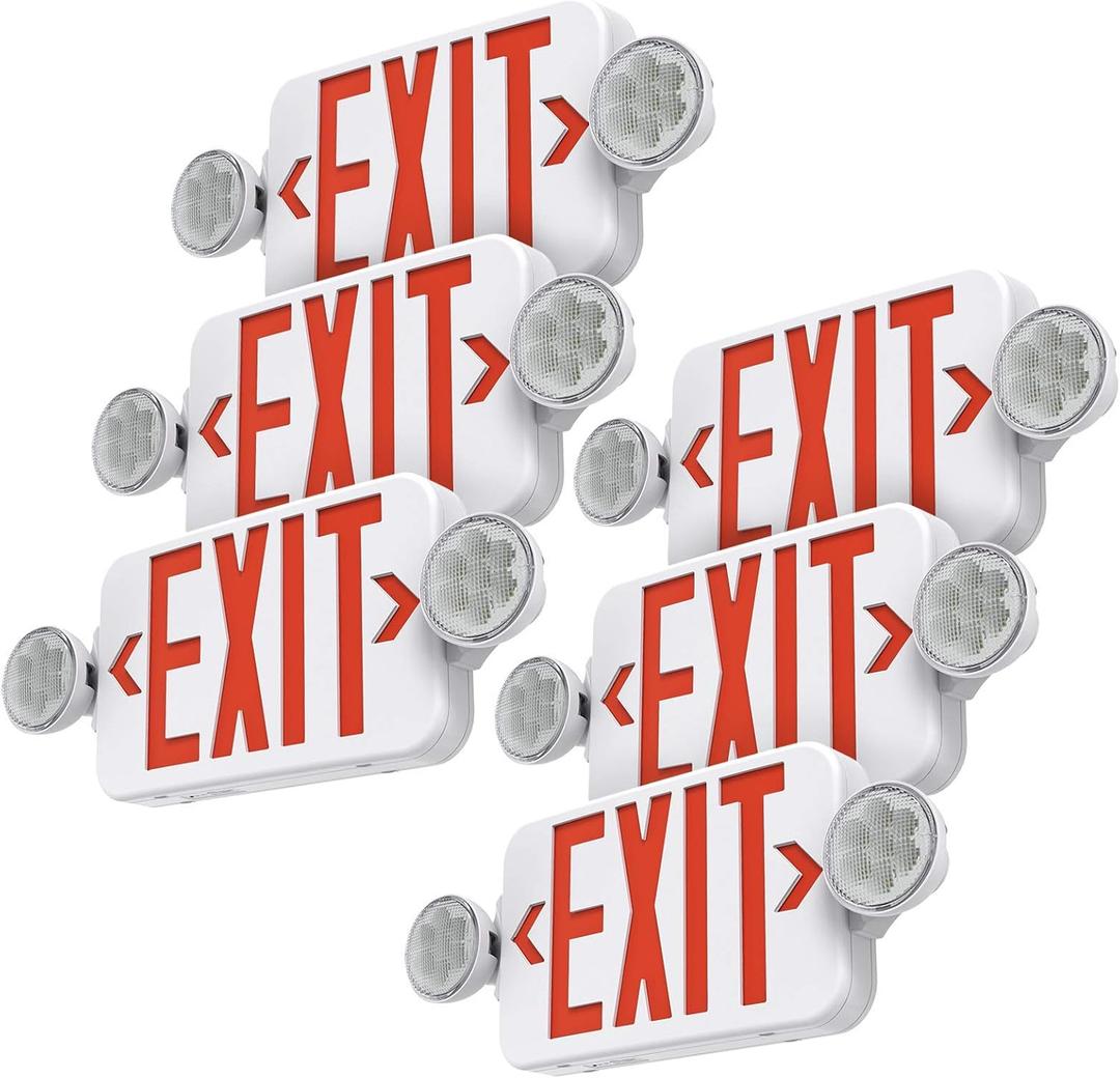 Red Led Exit Sign Emergency Light Combo Adjustable Two Head, Double Sided and Battery Backup Exit Light, Contractor Select, AC 120/277V (6 Pack)
