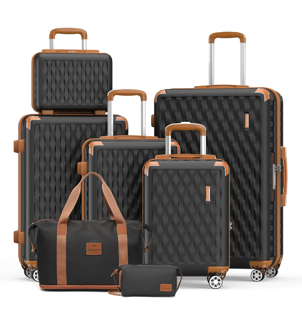 Melalenia Luggage Sets 7 Piece Suitcase Set, Hard Shell Carry on Luggage Travel Suitcases with Spinner Wheels and TSA Lock, Lightweight Luggage Set for Women, Black Brown