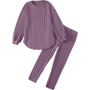 DEFAHN Toddler Girl Fall Clothes Set Warm Soft 2-piece Long Sleeve Ribbed Knit Tee & Leggings Winter Drop Shoulder Girl Set (Purple)