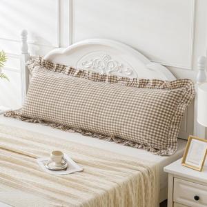 Taupe/White Plaid Ruffled Body Pillow Cover Washed Cotton Farmhouse Checkered Gingham 1 Piece Pillowcase for Living Room 20"x54" Brown