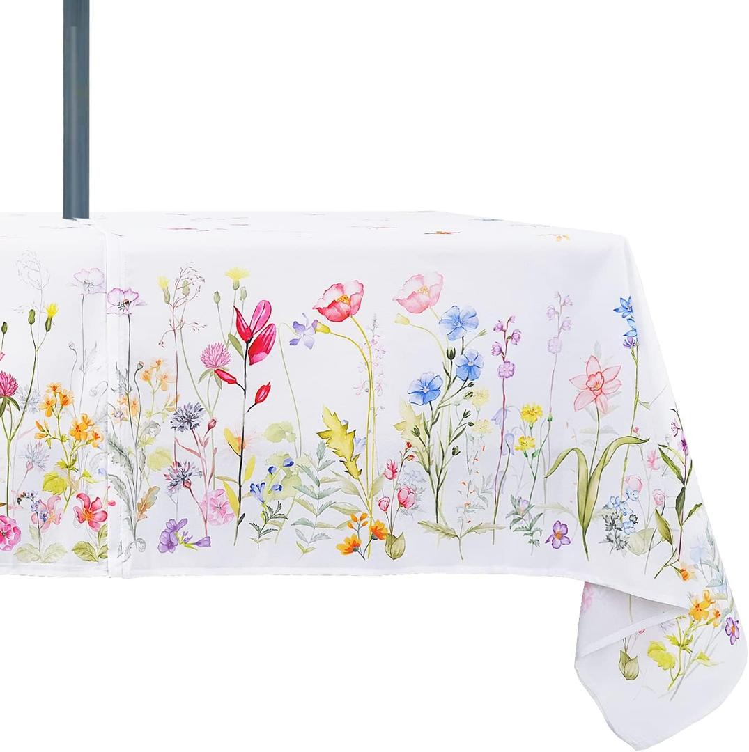 Outdoor Tablecloth with Umbrella Hole and Zipper, Patio Table Covers for Spring/Summer, Machine Washable Outdoor Party/Picnic Rectangle Table Cloth 60 x 84 in