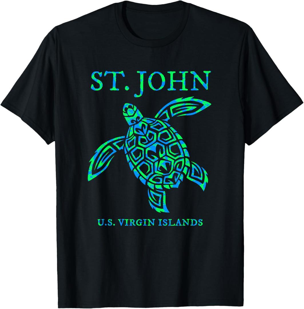 St John USVI Sea Turtle Retro Mens Womens Vacation Souvenir T-Shirt (Small, Black)