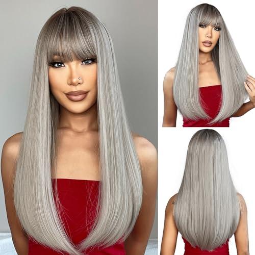 ENTRANCED STYLES Ombre Gray Wig with Bangs Long Straight Mixed Gray Wigs for Women Cosplay Wigs for Girl Natural Hairline Heat Resistant Synthetic Wig for Cosplay Halloween Party Daily