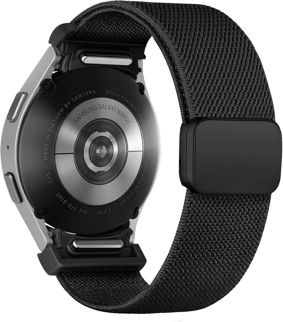 One Click Fabric Bands for Samsung Galaxy Watch 7 6 Band 5/4/FE 40mm 44mm/Galaxy Watch 6 Classic 43mm 47mm/5 Pro 45mm/4 Classic 42mm 46mm,Magnetic Elastic No Gap Wristband Stretchy Nylon Sport Strap (01-Black)