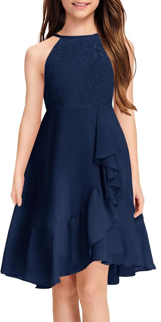 MITILLY Girls Lace Flower Ruffle Dress Chiffon Halter A Line High Low Flowy Junior Bridesmaid Dresses for Wedding Party (Blue), Size 6-7Y