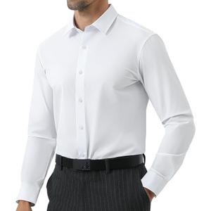 JCARSON Business Travel Mens Dress Shirt Slim Fit Wrinkle Free Non Iron Stretch Lightweight with Breathable Mesh Lined Collar (White, L)