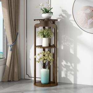 Classic Bamboo Multi-Level Orbicular Plant Stand Side Table for Ground Installation, Tan, 12"L x 12"W x 33.5"H