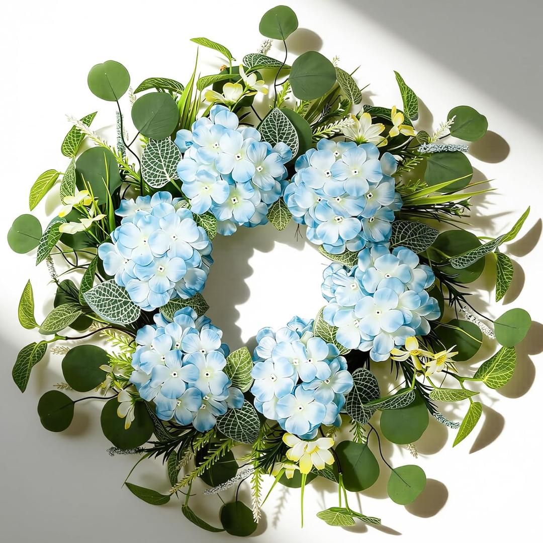 22 Inch Wreaths for Front Door, Spring Summer Flower Wreath - Blue Hydrangea & Eucalyptus Artificial Wreath for Easter, Front Door, Outdoor, Indoor, Window, Farmhouse Decor