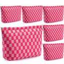 Gilprop 6 Pcs Knitted Checkered Makeup Bag Checkered Pouch Cosmetic Bags Bulk with Zipper Preppy Toiletry Pouch Cosmetic Brush Bag for Purse Diaper Wipe Travel Essential Wedding Party Favors (Hotpink)