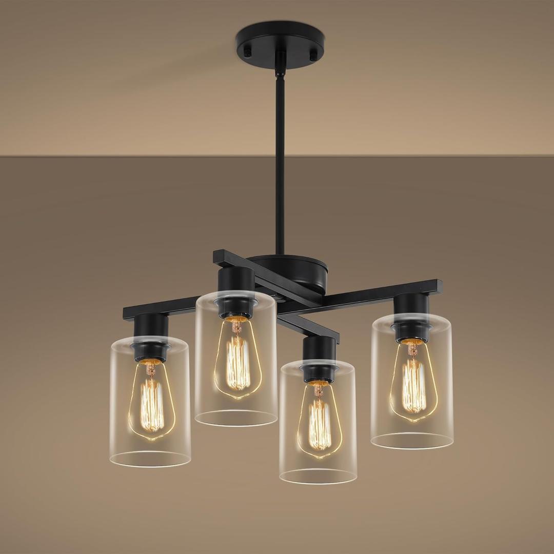 4Light Modern Farmhouse Black Chandelier, Dining Room Light Fixture Over Table Adjustable Height Hanging Industrial Pendant Lights Kitchen Island, Clear Glass Shade