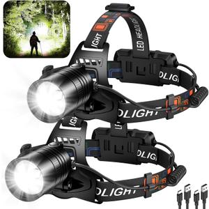 Rechargeable Led Headlamp 2Pack, 99000 Lumen Super Bright Head Lamp with 3 Modes & 90 Adjustable, Brightest Headlamp 30H Long Runtime, Powerful Waterproof Headlamps for Adults Camping (Medium)