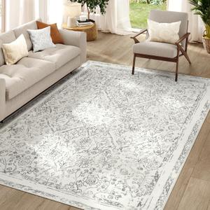 jinchan Washable Area Rug 6x9 - Low Pile Bedroom Rug Indoor Grey Floral Print Faux Wool Soft Stain Resistant Distressed Vintage Ultra-Thin Non-Slip Boho Carpet for Living Room Dining Room Kitchen