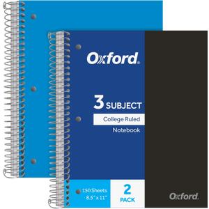 Oxford 3 Subject Spiral Notebook, Notebooks for School, Plastic Covers, Back to School Supplies, College Ruled, 150 Sheets, 2 Pack, Black and Blue (1009293)