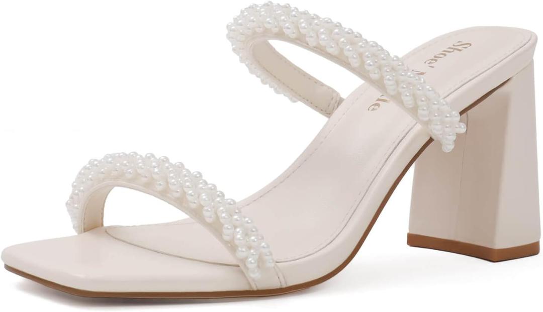 Shoe'N Tale Pearl Strappy Heels for Women Two Band Chunky Block Heeled Sandals Square Open Toe Backless Mules Slip On Pumps Dressy Shoes (8)