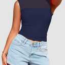 PRETTYGARDEN Women's Summer Sheer Mesh Tank Tops 2025 Trendy Casual Sleeveless Mock Neck Ruched Slim Fitted Going Out Shirts (Blue, S)