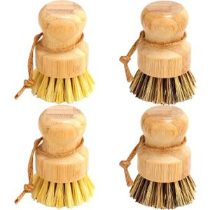 Bamboo Dish Brush Set, 4 Pcs Palm Wooden Dish Scrubber Brush, Dish Brushes, Durable Wood Dishes Scrub Brush, Natural Round Vegetable Cleaning Pots Pans Sink Washing Kitchen Brush by Aisuly (2p Palm+2p Sisal)
