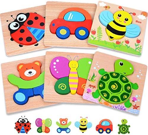 MAGIFIRE Wooden Puzzles 12-18 Months - Multicolor Set of 6 Animal & Vehicle Shapes with Storage Bag - Montessori Chunky Puzzles for Toddlers Ages 1-3 & Hand-Eye Coordination