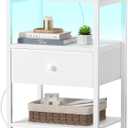 BOLUO White Nightstand with Charging Station, LED Night Stand with Fabric Drawers and Shelf, Bedside Table with USB Ports and Outlets, Bedroom Nightstand Modern