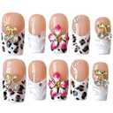 Handmade Press On Nails, 3D Velvet Floral Short/Medium Length Square White French Tips, Leopard Cherry Design, Reusable Acrylic False Nails (Velvet Jungle, Medium)