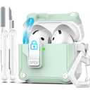 R-fun Compatible with AirPods 4th Gen Case, Full Drop Protection Auto Pop-Up Lid and Lock Design with Cleaner Kit and Keychain for AirPods 4 2024-White/Mint Green