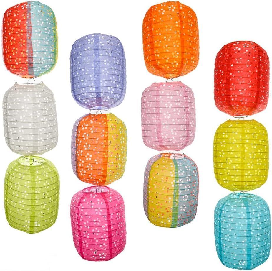 12Pcs Paper Lanterns Chinese Japanese Paper Lanterns Party Decorations Decorative Hanging Oval Paper Lantern 8inch Hollow for Chinese New Year Lunar New Year Decorations 2026 Asian Home Party Decor (Oval-shaped (Without LED, Tassel and Stick))