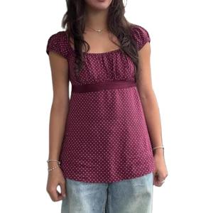 Women Fairy Grunge Y2k Babydoll Shirt Cap Sleeve Micro Polka Dot Tie Back Flowy Babydoll Top Preppy Clothes, XL