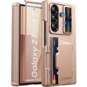 for Samsung Galaxy Z Fold 7 Case, Built-in Card Holder & Hinge Protection & Sliding Camera Lens Cover & Screen Protector, Rugged Heavy Duty Protective Phone Case for Z Fold 7 2025, Rose Gold