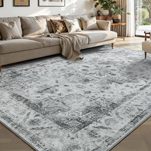 YOH Boho Washable Rug 5x7, Light Gray Vintage Non Slip Area Rug, Distressed Indoor Carpet for Living Room Bedroom Kitchen Office