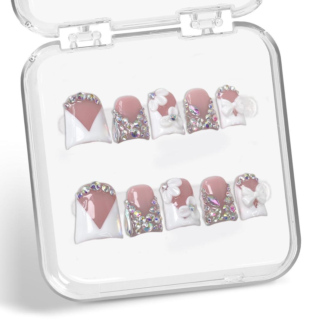 Handmade Press on Nails Rhinestone French Tip Fake Nails Muti-Layer Gel Short Duck False Nail with Luxury 3D White Flower Bow Design Full Cover Thicked Acrylic Nail Stick on Nail for Women (S)