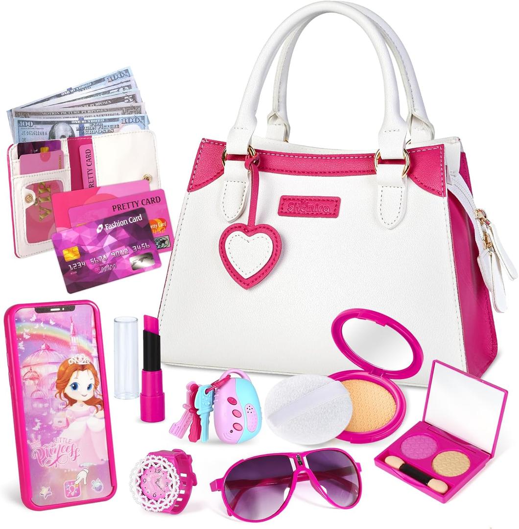 Shemira Play Purse for Little Girls, Princess Pretend Toys for Kids 3 4 5 6 7 8 Years Old, Christmas & Birthday Gift for Girls Age 3-5 4-6 6-8, Toddler Purse with Accessories, Kids Toy Purse, White