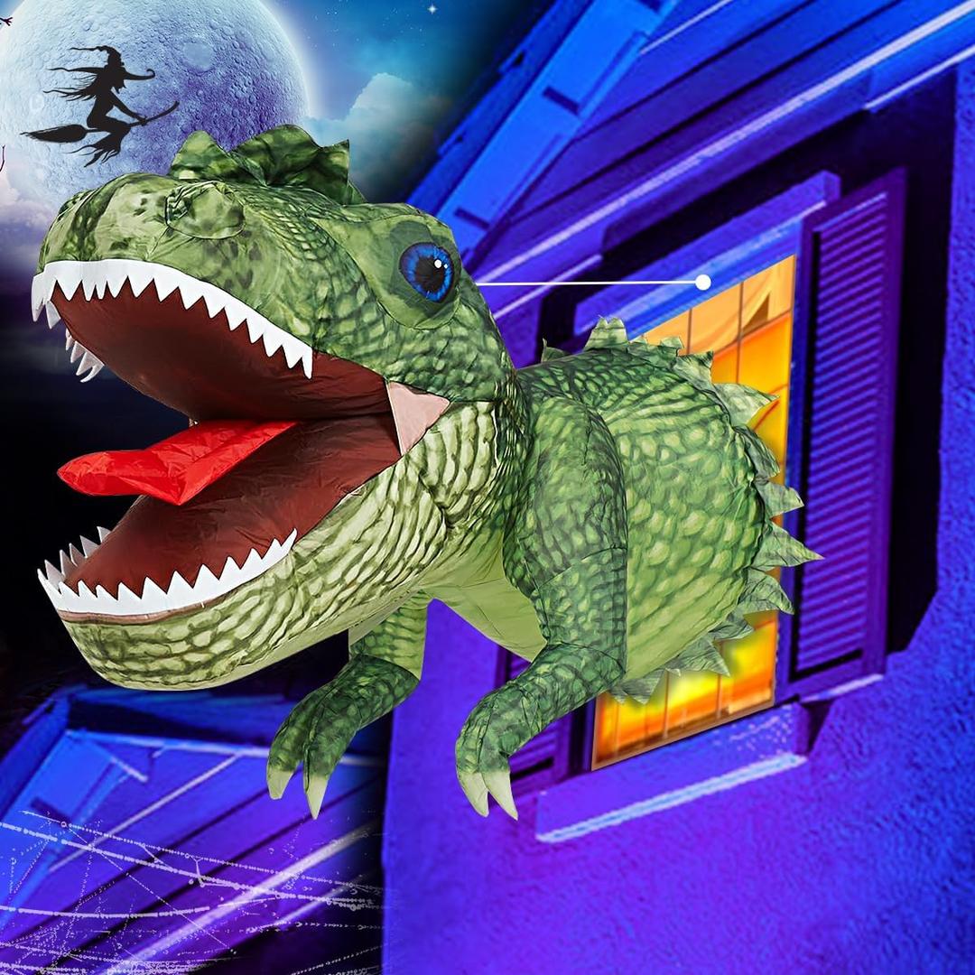 Halloween Inflatables Outdoor Decorations 3 FT Long Dinosaur Broke Out from Window with Built-in LED Vivid T-Rex Blow Up Inflatable for Yard Garden Party Lawn