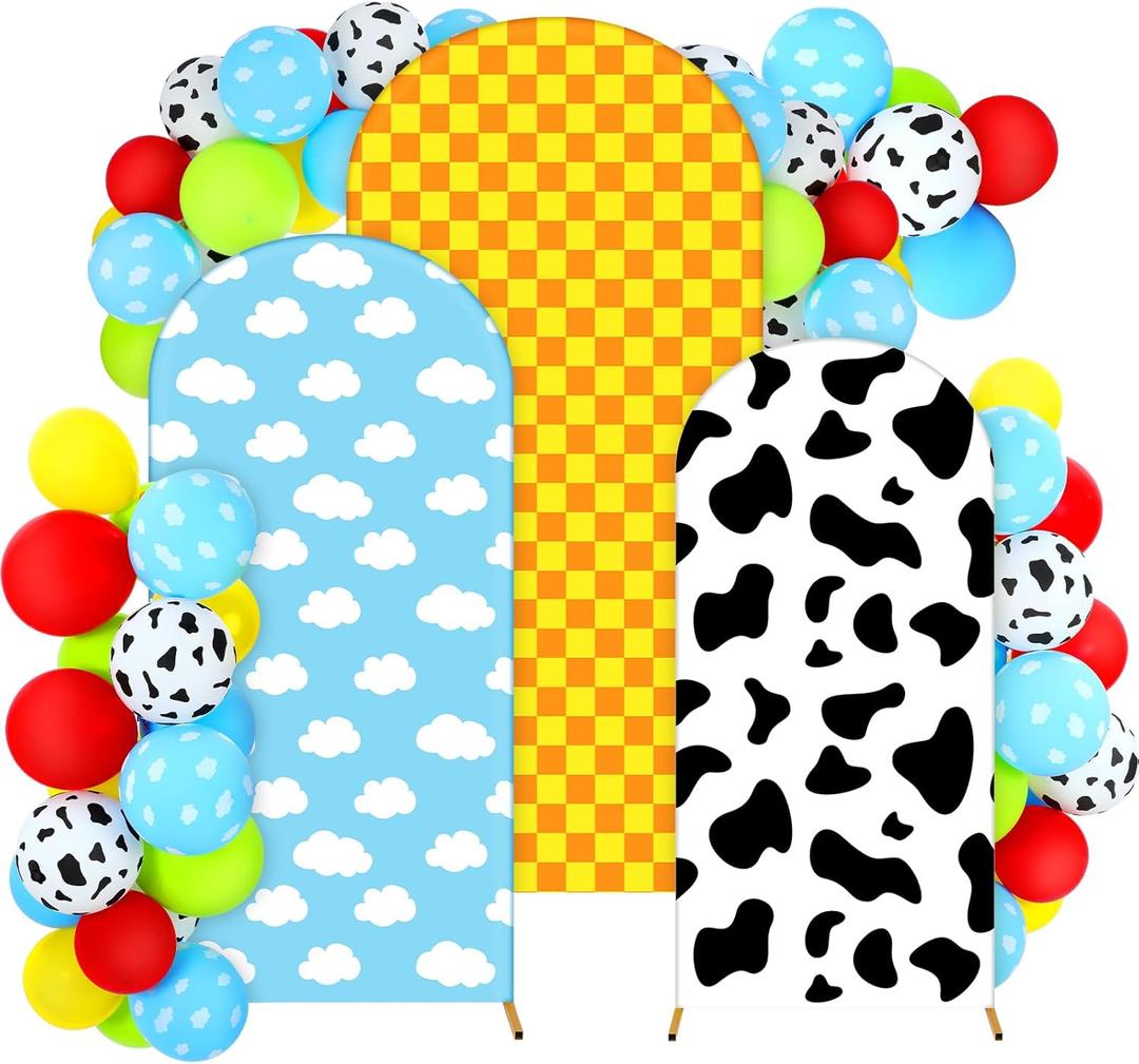 34 Pieces Toy Themed Birthday Party Decorations Arch Backdrop Covers 4ft 5ft 6ft Spandex Arch Backdrop Cover Cow Blue Sky Cloud Print Balloons Inspired Birthday Cartoon Themed Party Decor