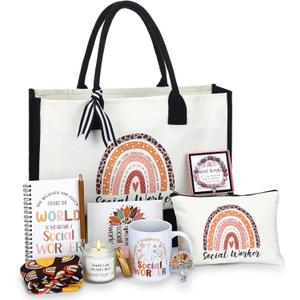 Aliceset 10 Pcs Social Worker Gifts for Women MSW Social Workers Appreciation Gifts Include Coffee Mug Candle Canvas Tote Bag Cosmetic Bag Bracelet Socks Notebook Ballpoint Pen for Bsw DSW Volunteer