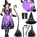 Spooktacular Creations Light-up Witch Costume for Girls, Toddlers Print Witch Outfit Set for Kids Halloween Dress Up Parties (Purple, L)