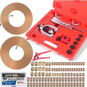 3/16" 1/4" Brake Line Repair Kit, Double & Single Brake Line Flaring Tool Kit + 2 Set 25ft 3/16" 1/4" Inch Brake Line with 100 Pcs Fittings(8 Unions Included) + Brake Line Bender