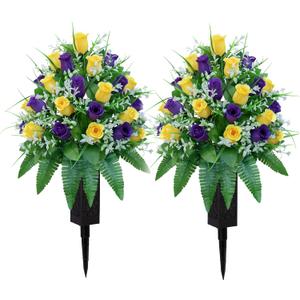 LVXINLI Artificial Cemetery Flowers, Gravesite Decoration Roses, Memorial Bouquets with Cemetery Vase, Vibrant and Long-Lasting Colors  Yellow+Purple, 2 Bundles