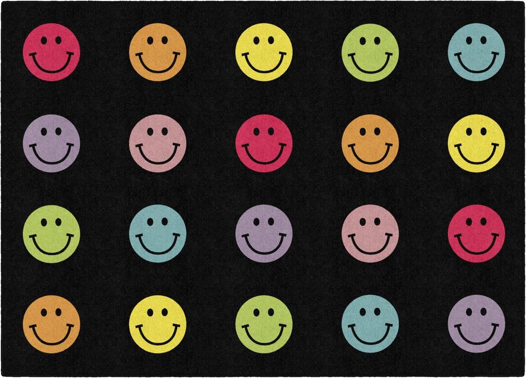 Flagship Carpets Rainbow Smileys in Black Criss-Cross Applesauce Educational Area Rug for Kids Room, Children's Classroom for Teaching and Playroom, 5' x 7'6", Black & Multi, Seats 20